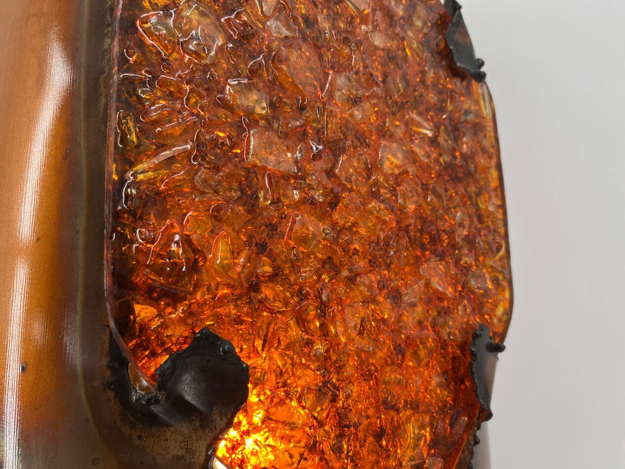 Lampa stołowa XL, brązowy, ceramika, miedź, szkło barwione, Francja, lata 70. - 274446