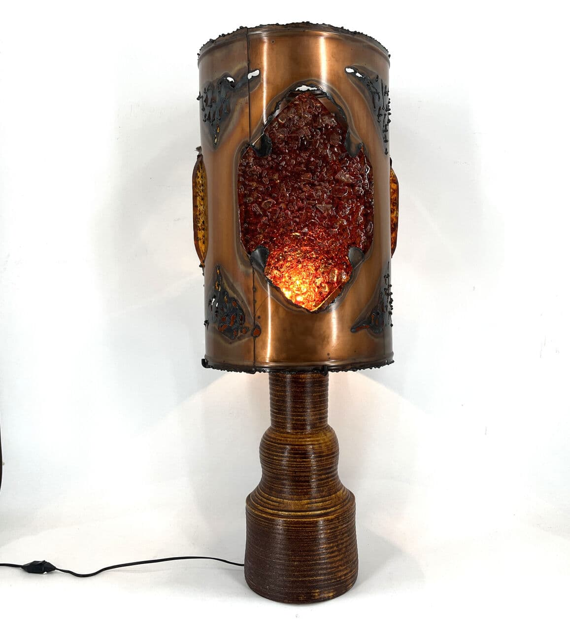 Lampa stołowa XL, brązowy, ceramika, miedź, szkło barwione, Francja, lata 70. - 274449