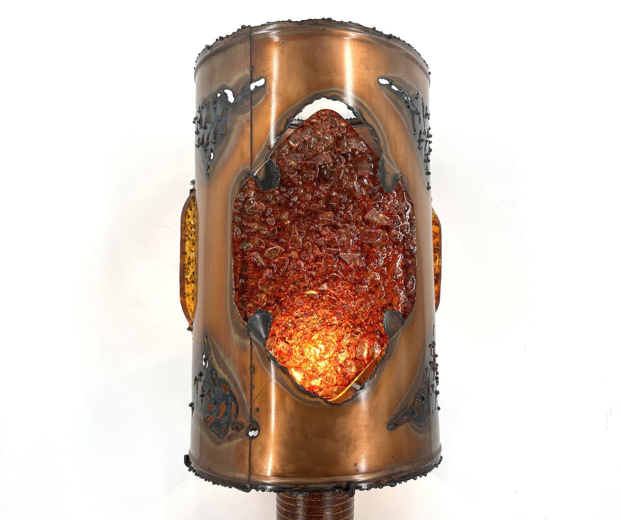 Lampa stołowa XL, brązowy, ceramika, miedź, szkło barwione, Francja, lata 70. - 274440