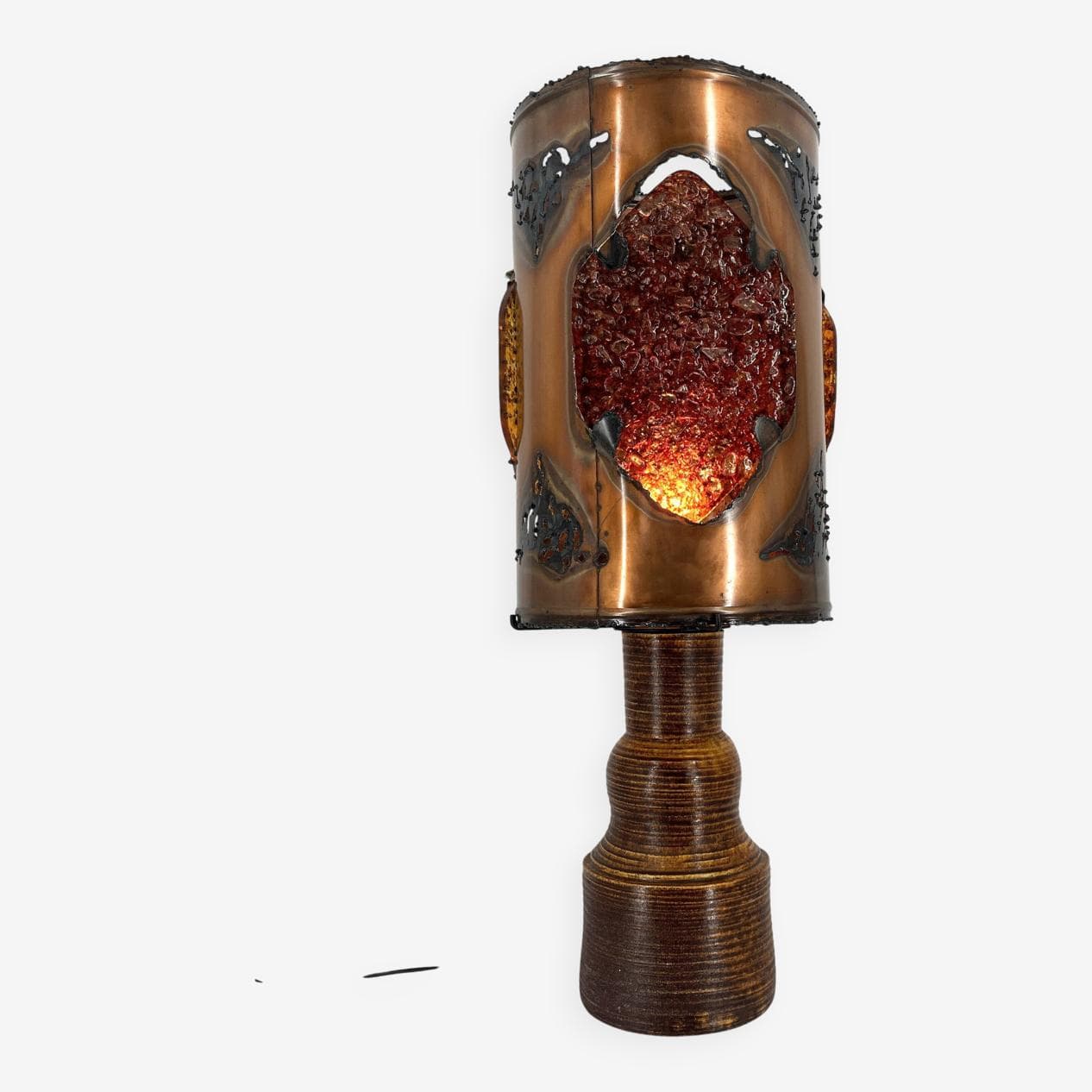 Lampa stołowa XL, brązowy, ceramika, miedź, szkło barwione, Francja, lata 70. - 274442