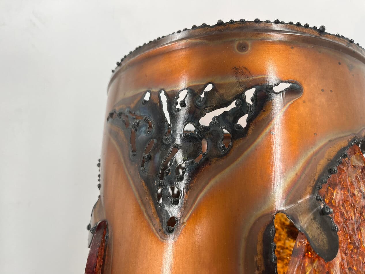 Lampa stołowa XL, brązowy, ceramika, miedź, szkło barwione, Francja, lata 70. - 274445