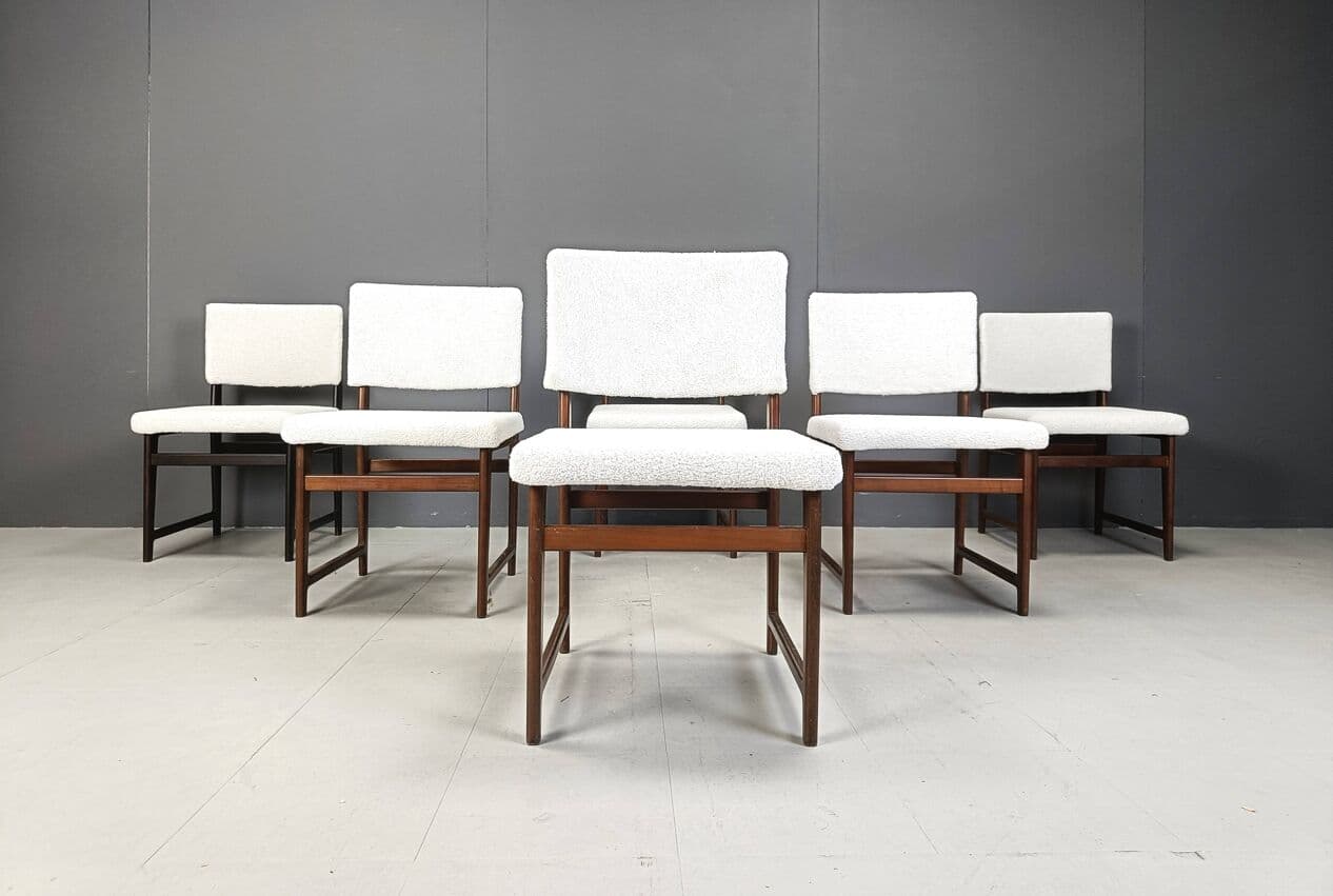 Set of six dining chairs, teak, white bouclé, Scandinavia, 1960s. - 274388