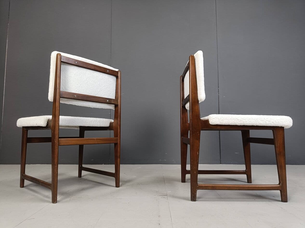 Set of six dining chairs, teak, white bouclé, Scandinavia, 1960s. - 274395