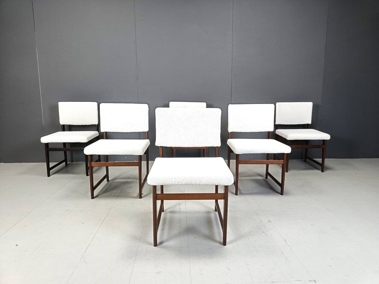Set of six dining chairs, teak, white bouclé, Scandinavia, 1960s. - 274392