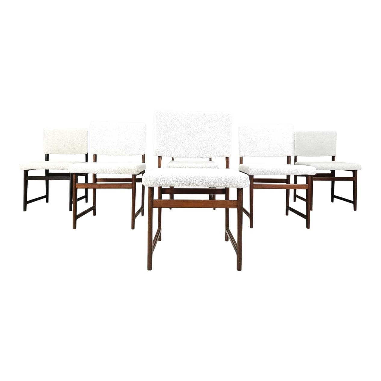 Set of six dining chairs, teak, white bouclé, Scandinavia, 1960s.