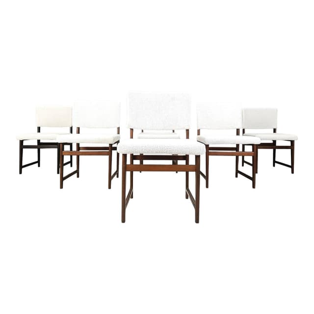 Set of six dining chairs, teak, white bouclé, Scandinavia, 1960s. - DIMENSION