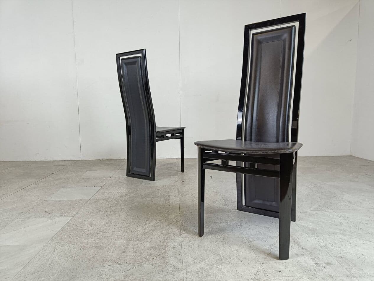 set of eight dining chairs, black, wood, leather, by A. Sibau, Italy, 1980s - 274369