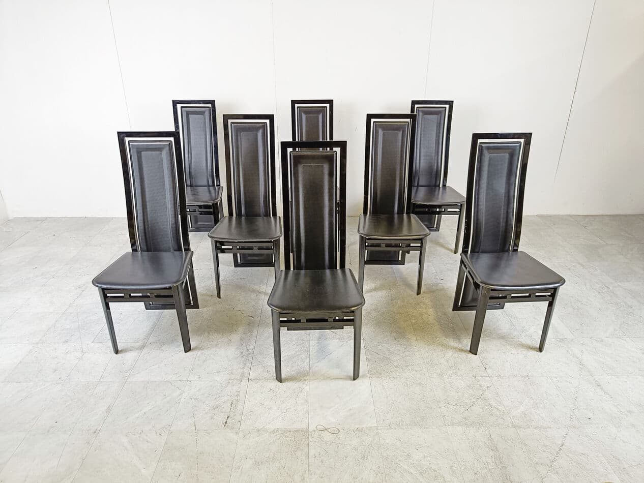 set of eight dining chairs, black, wood, leather, by A. Sibau, Italy, 1980s - 274364