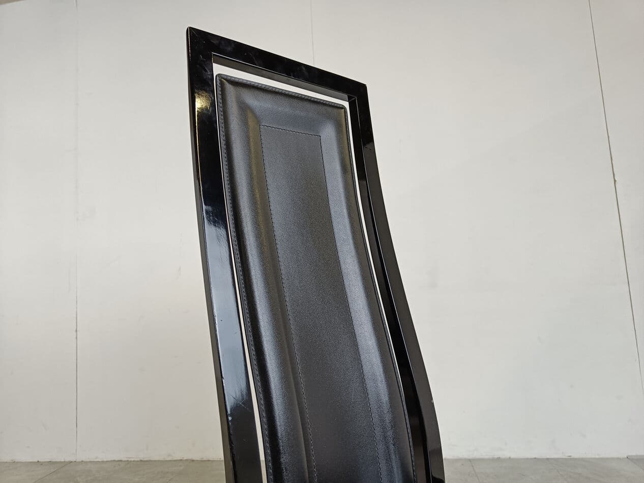 set of eight dining chairs, black, wood, leather, by A. Sibau, Italy, 1980s - 274371