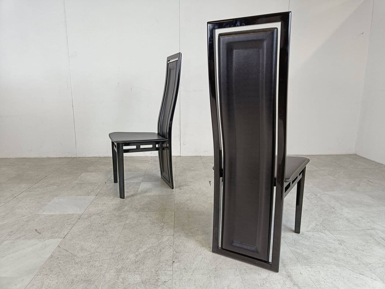 set of eight dining chairs, black, wood, leather, by A. Sibau, Italy, 1980s - 274370