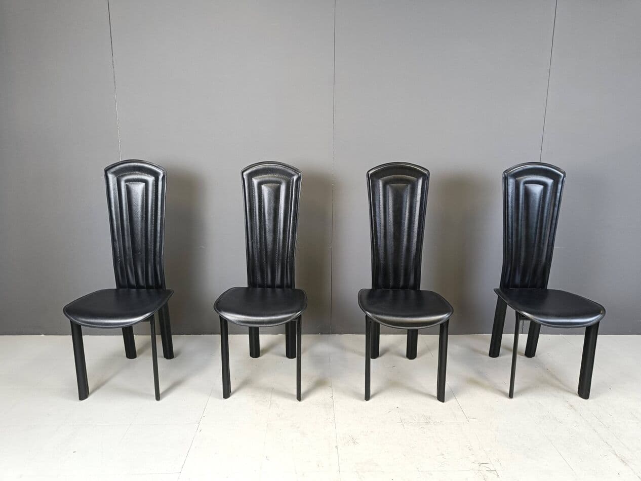 set of four dining chairs, black leather, Italy, 1980s - 274241
