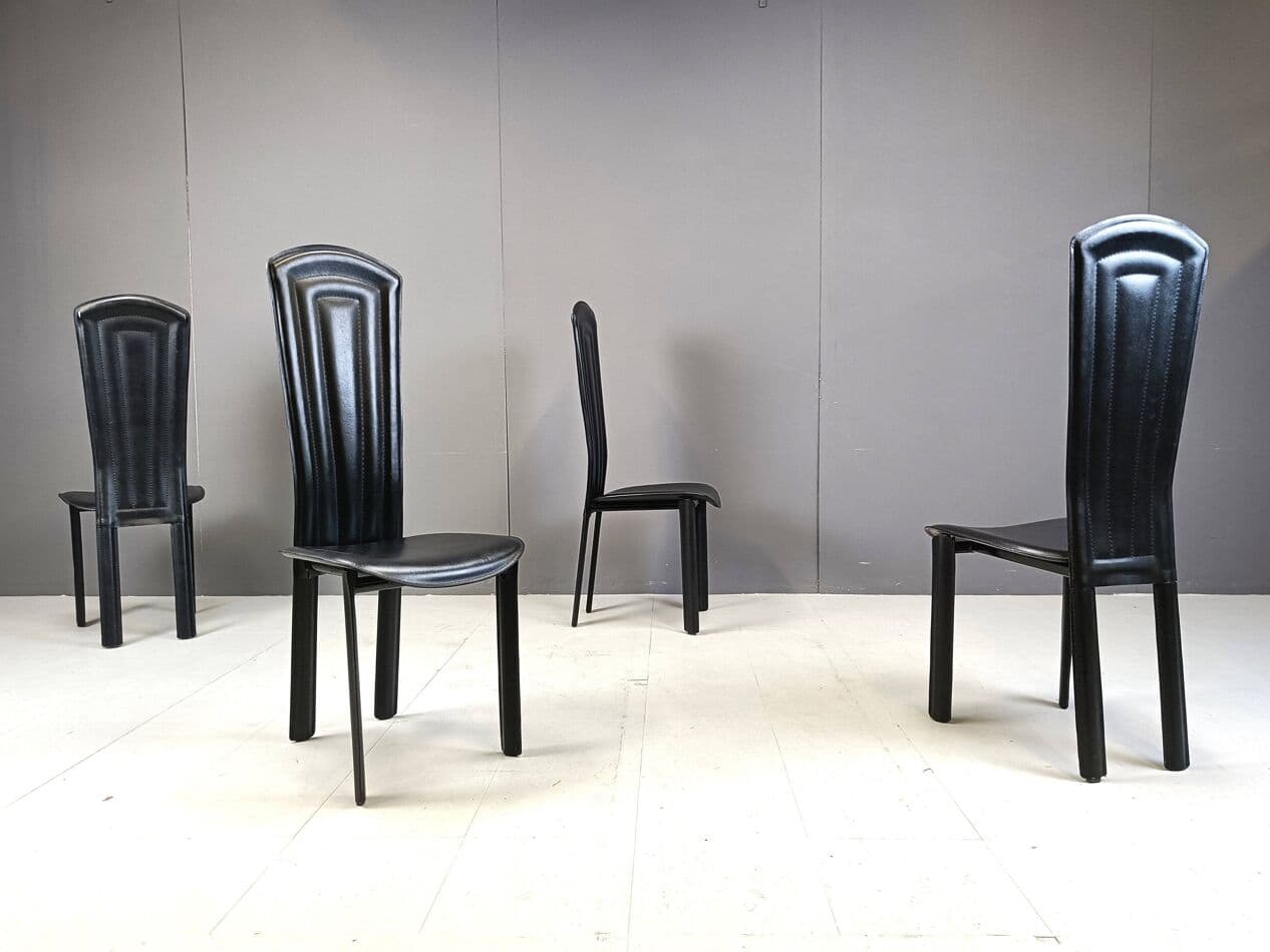 set of four dining chairs, black leather, Italy, 1980s - 274233