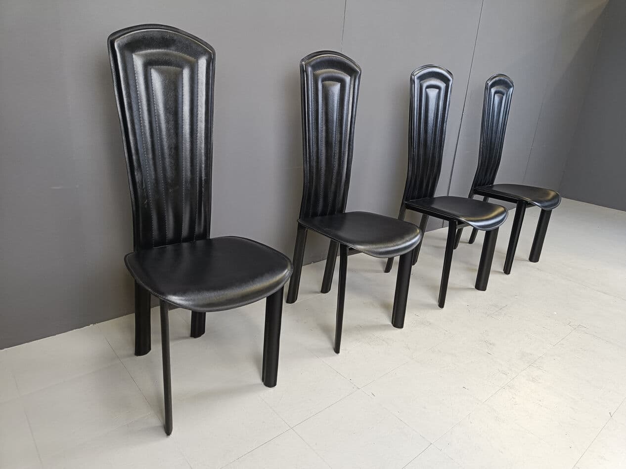 set of four dining chairs, black leather, Italy, 1980s - 274239