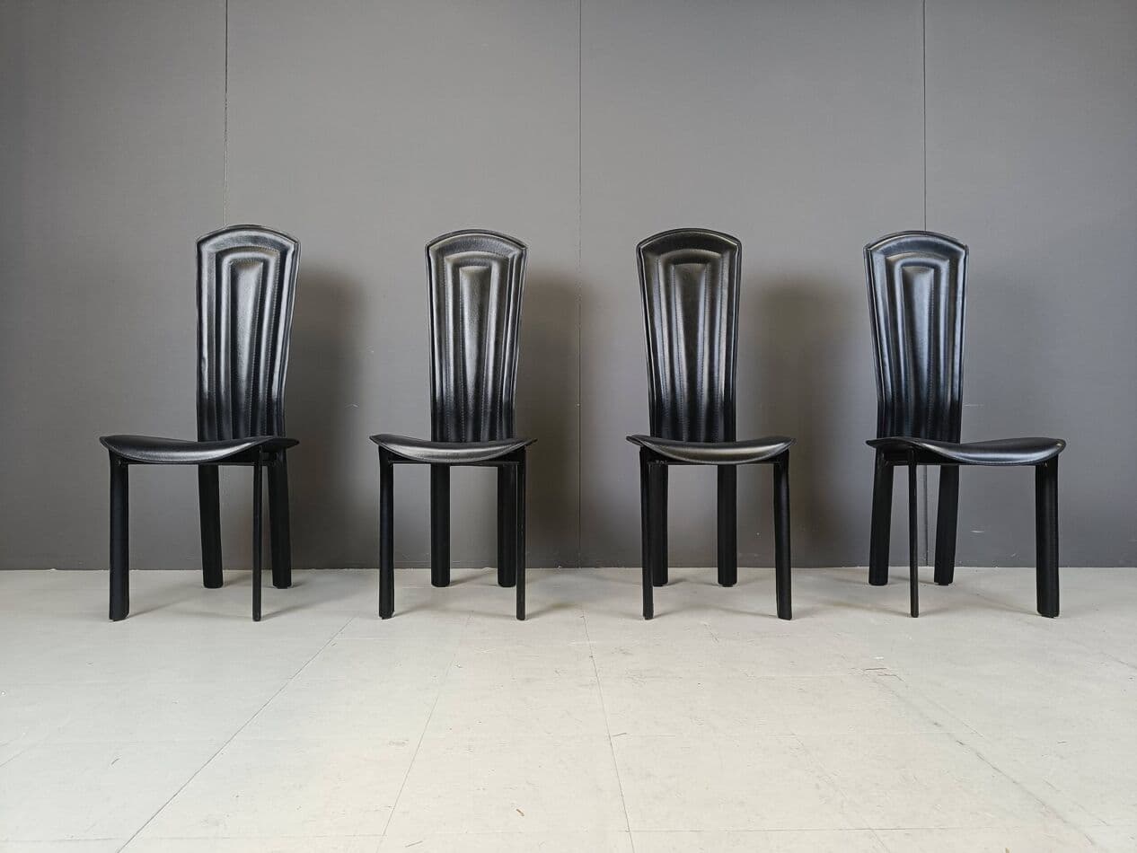 set of four dining chairs, black leather, Italy, 1980s - 274242