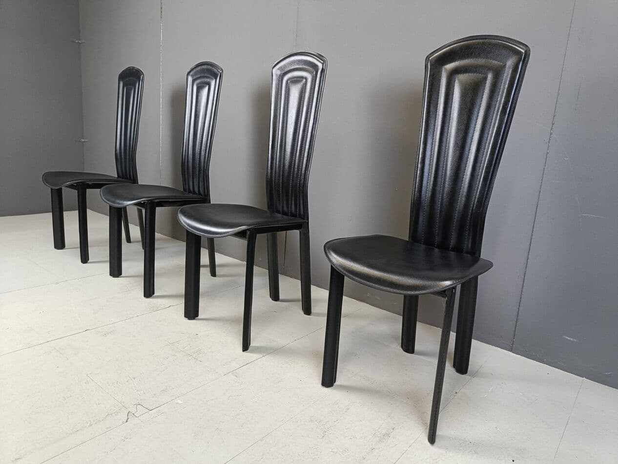 set of four dining chairs, black leather, Italy, 1980s - 274240