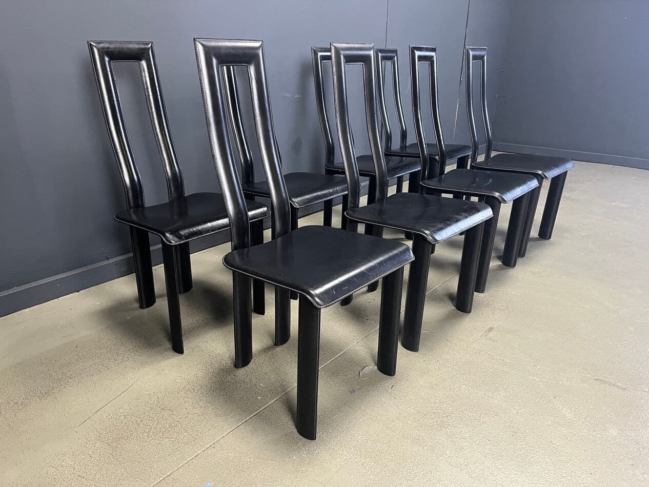 set of eight dining chairs Regia, black aluminium, black leather, by A. Mosca, Italy, 1980s - 274130