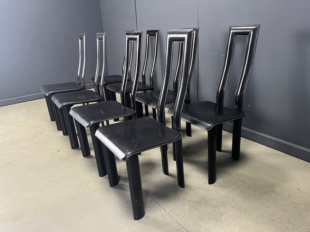 set of eight dining chairs Regia, black aluminium, black leather, by A. Mosca, Italy, 1980s - 274134