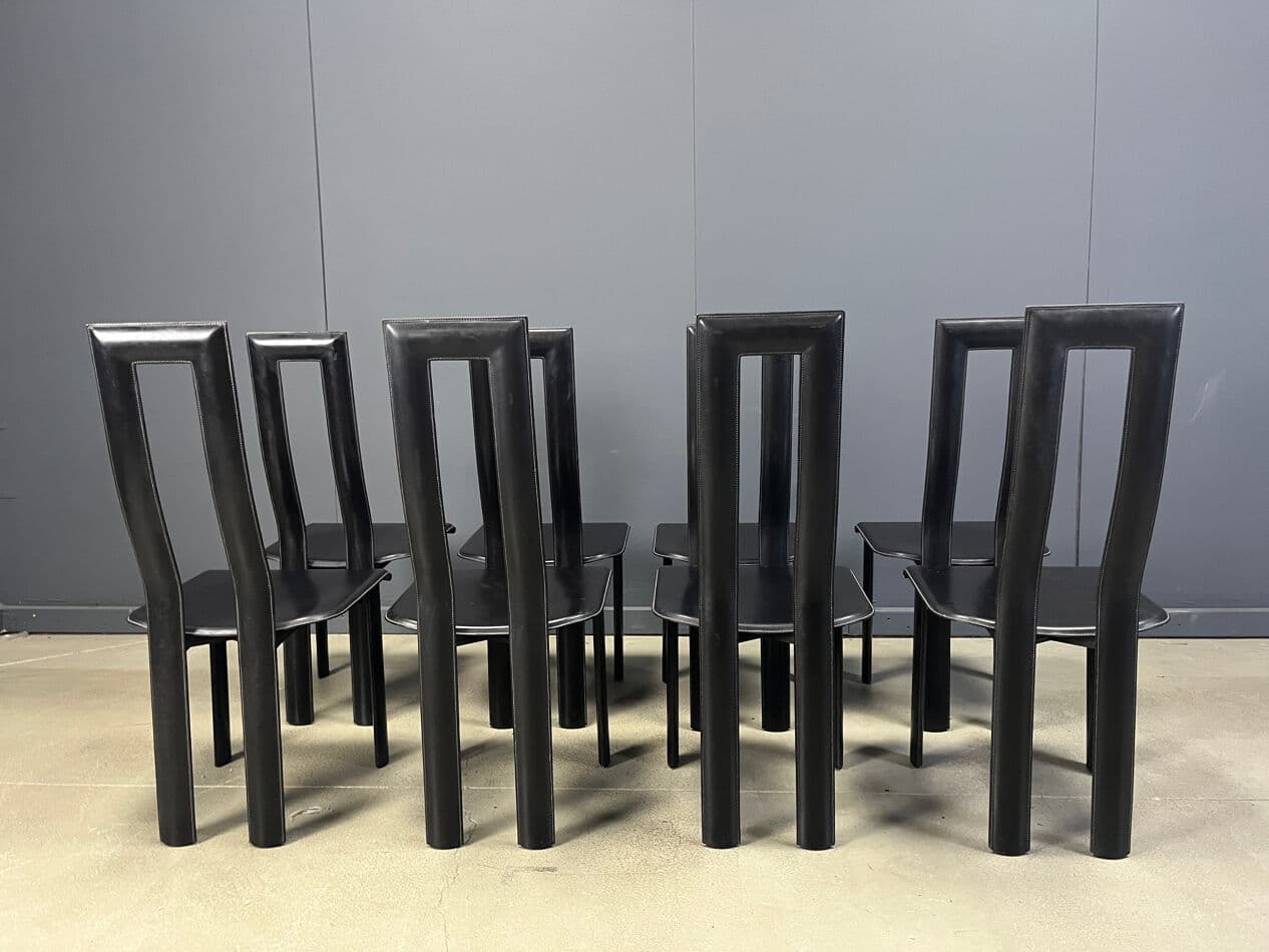 set of eight dining chairs Regia, black aluminium, black leather, by A. Mosca, Italy, 1980s - 274136