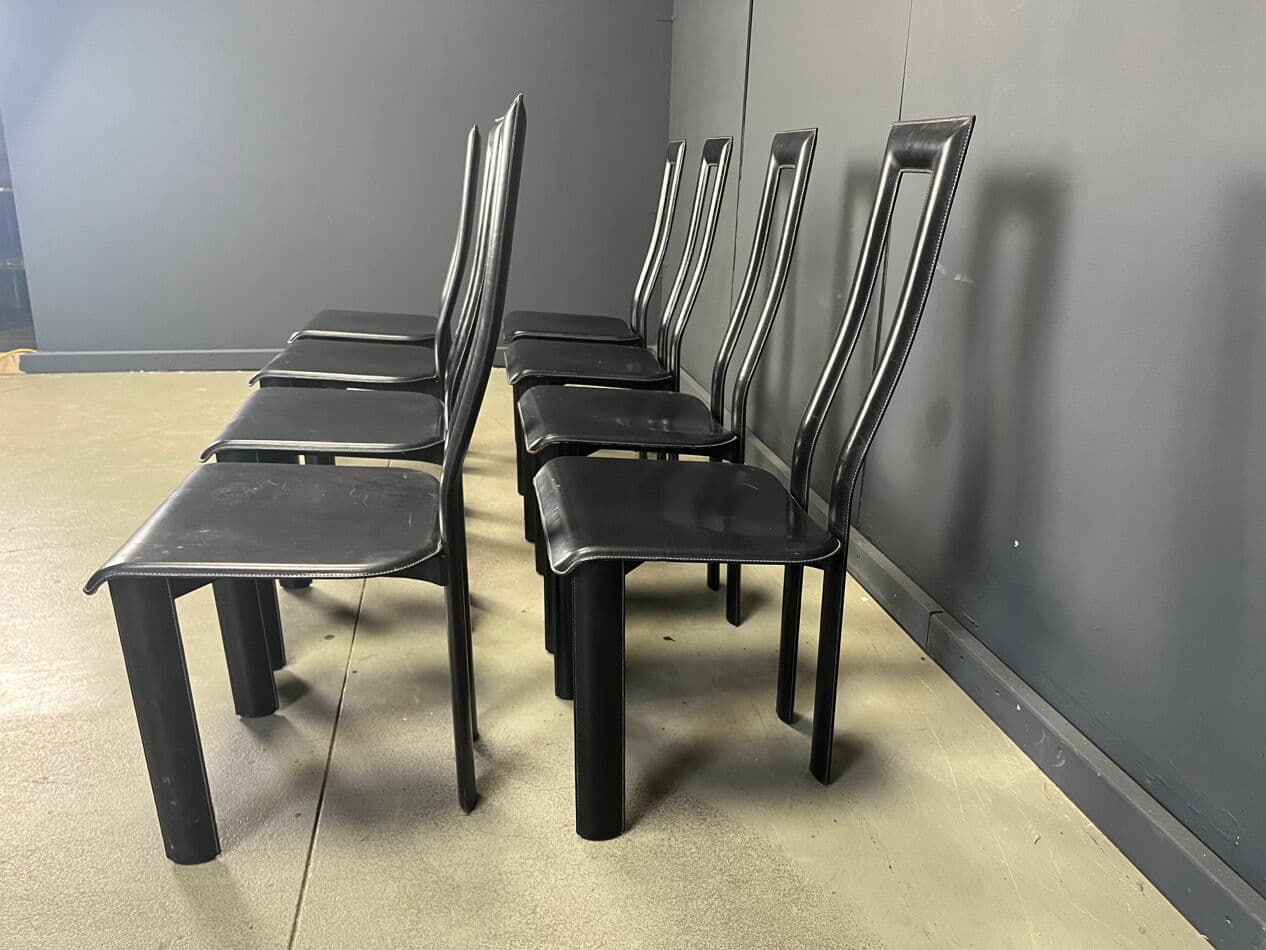 set of eight dining chairs Regia, black aluminium, black leather, by A. Mosca, Italy, 1980s - 274137