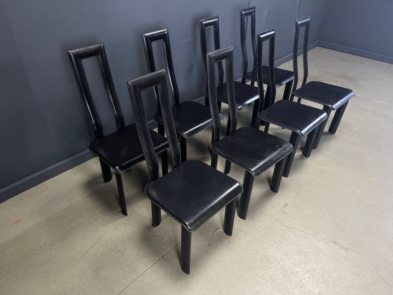 set of eight dining chairs Regia, black aluminium, black leather, by A. Mosca, Italy, 1980s - 274131