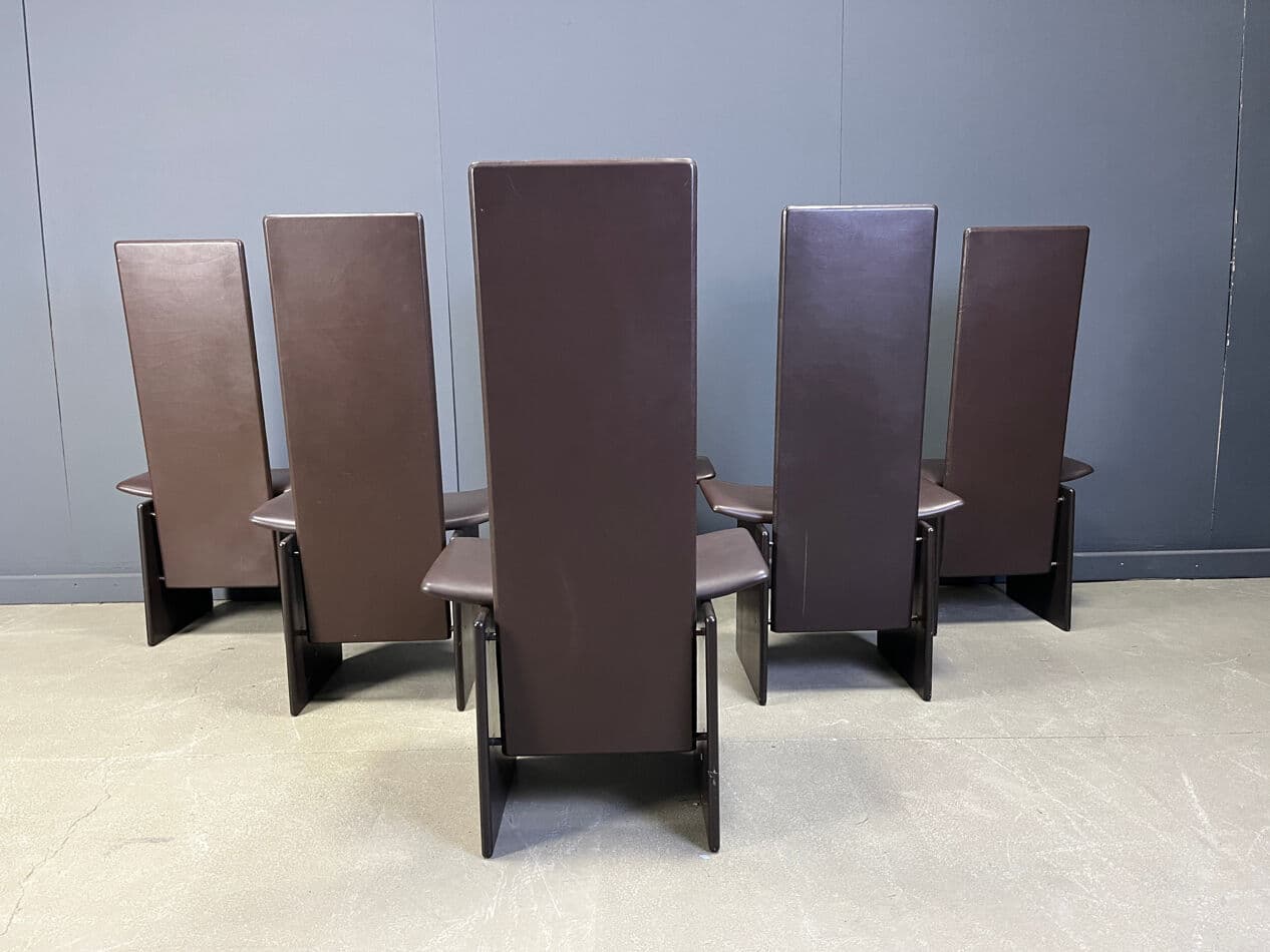 zestaw sześciu krzeseł jadalnianych Rennie, skóra brązowa, drewno brązowe, proj. K. Takahama, Włochy, lata 70. - 274079