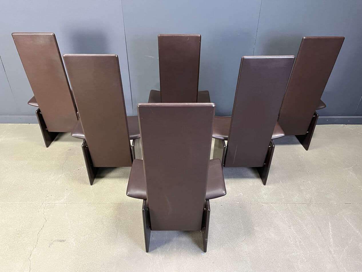 zestaw sześciu krzeseł jadalnianych Rennie, skóra brązowa, drewno brązowe, proj. K. Takahama, Włochy, lata 70. - 274082