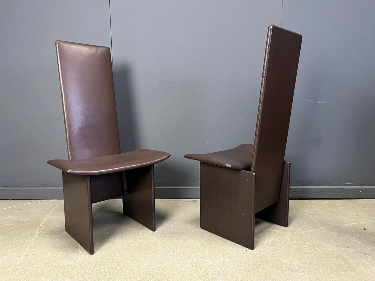 zestaw sześciu krzeseł jadalnianych Rennie, skóra brązowa, drewno brązowe, proj. K. Takahama, Włochy, lata 70. - 274081