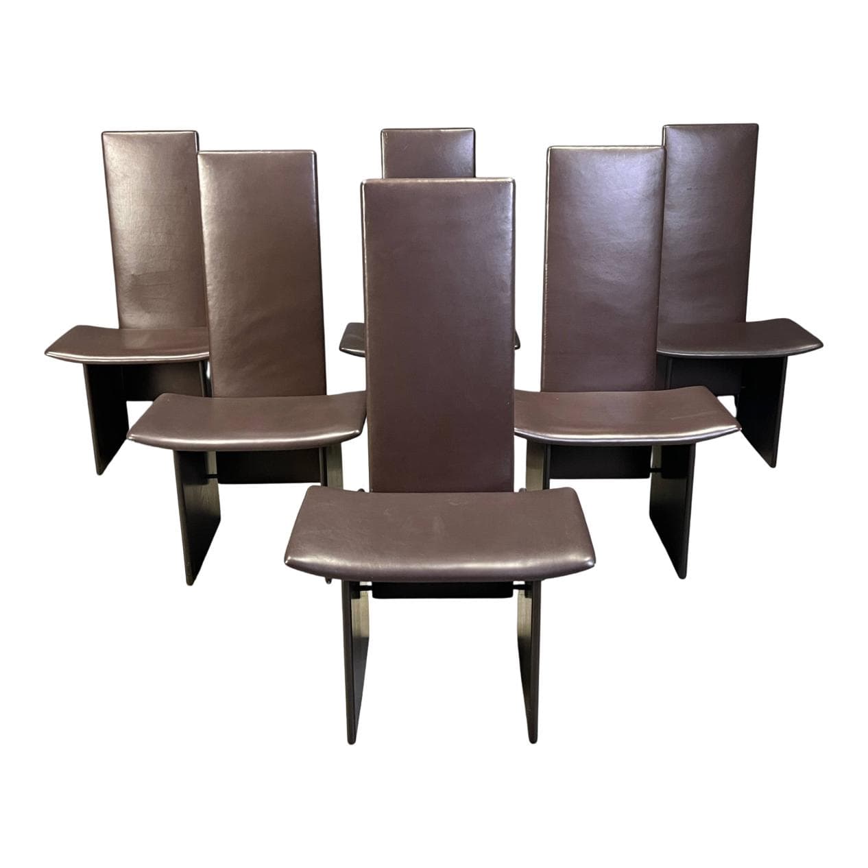 zestaw sześciu krzeseł jadalnianych Rennie, skóra brązowa, drewno brązowe, proj. K. Takahama, Włochy, lata 70.