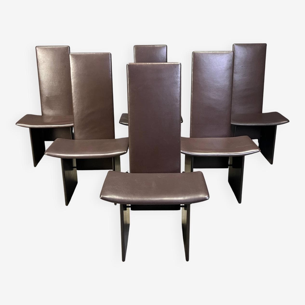 zestaw sześciu krzeseł jadalnianych Rennie, skóra brązowa, drewno brązowe, proj. K. Takahama, Włochy, lata 70. - 274078