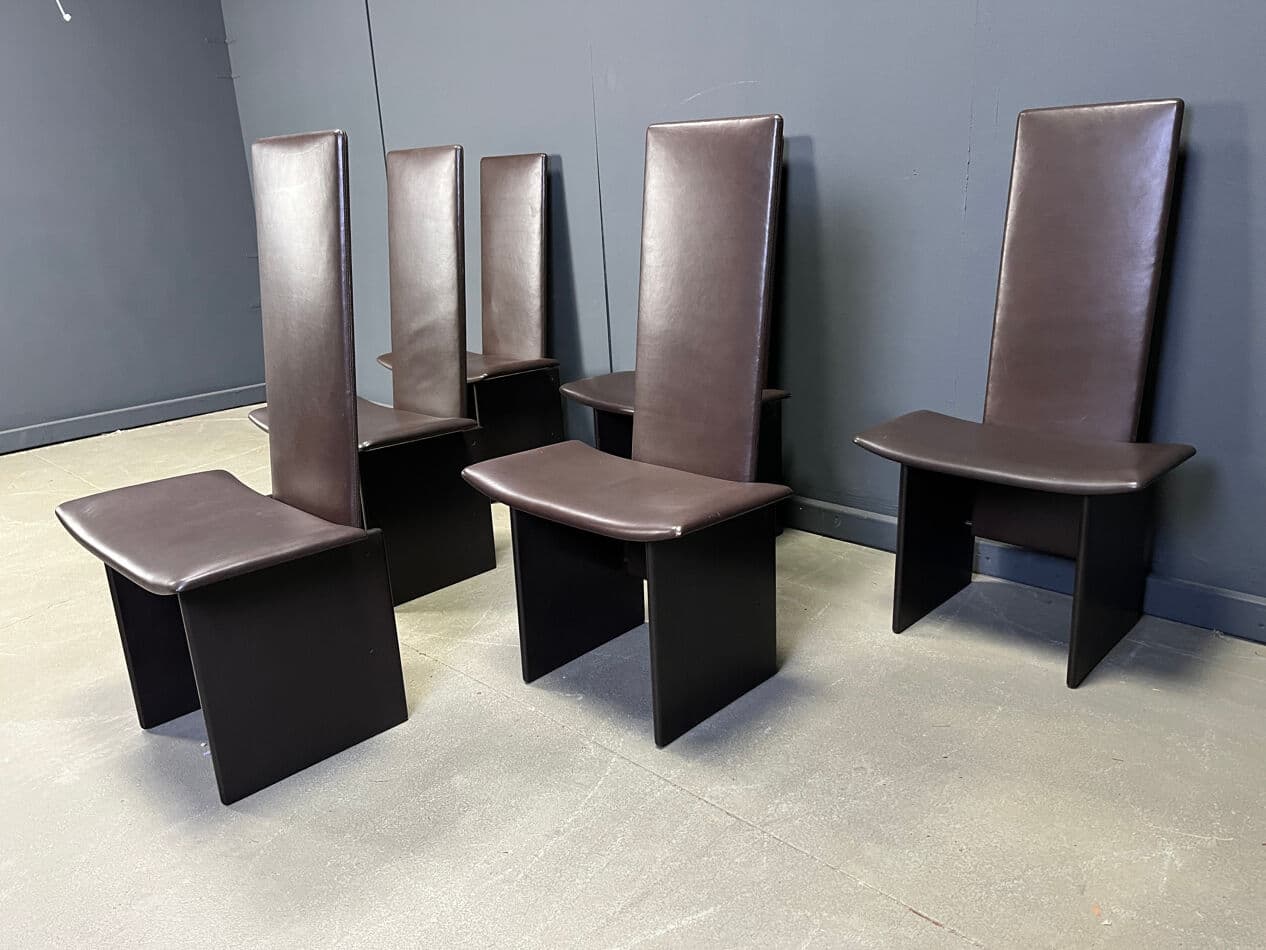 zestaw sześciu krzeseł jadalnianych Rennie, skóra brązowa, drewno brązowe, proj. K. Takahama, Włochy, lata 70. - 274084