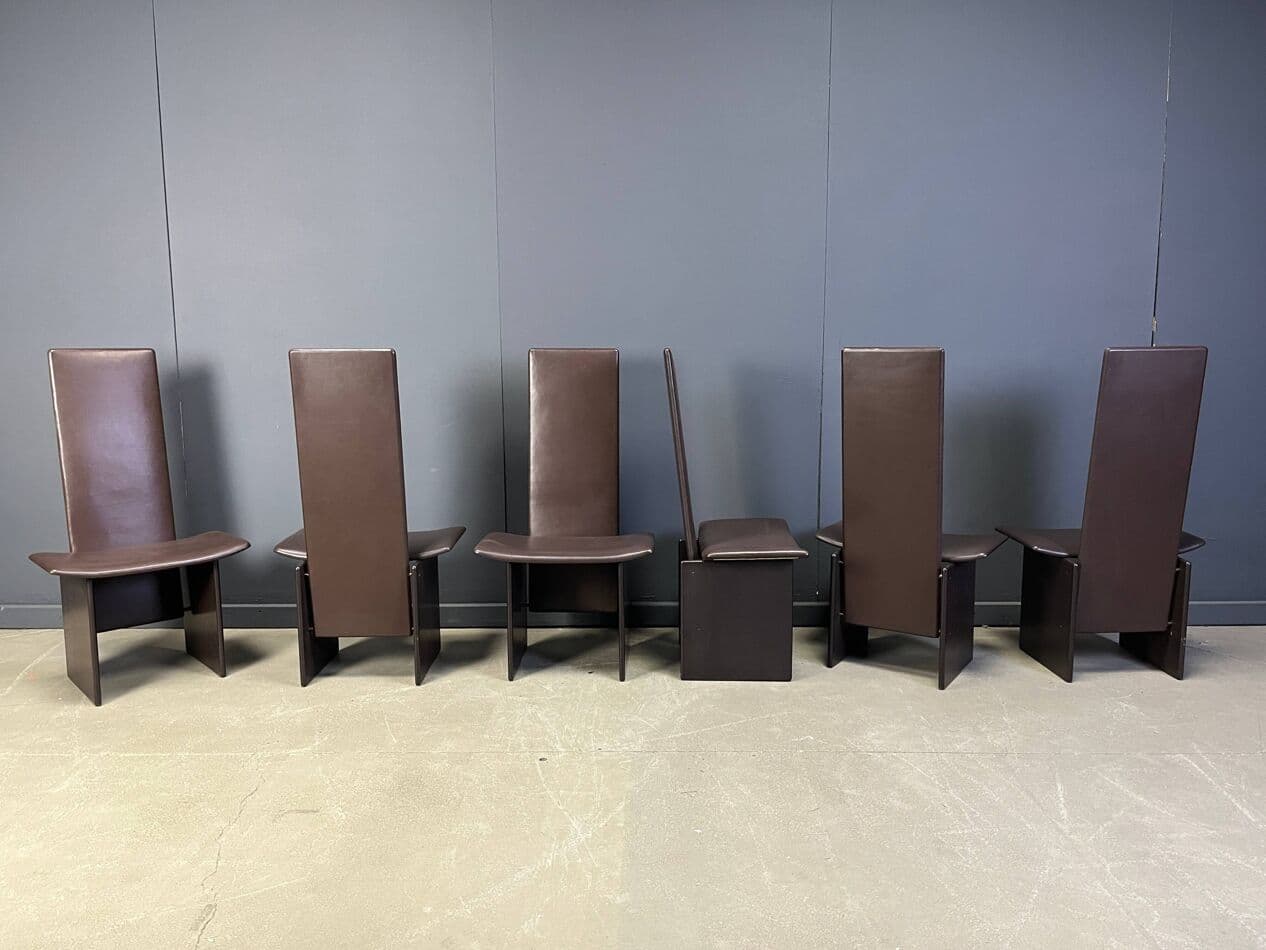 zestaw sześciu krzeseł jadalnianych Rennie, skóra brązowa, drewno brązowe, proj. K. Takahama, Włochy, lata 70. - 274075