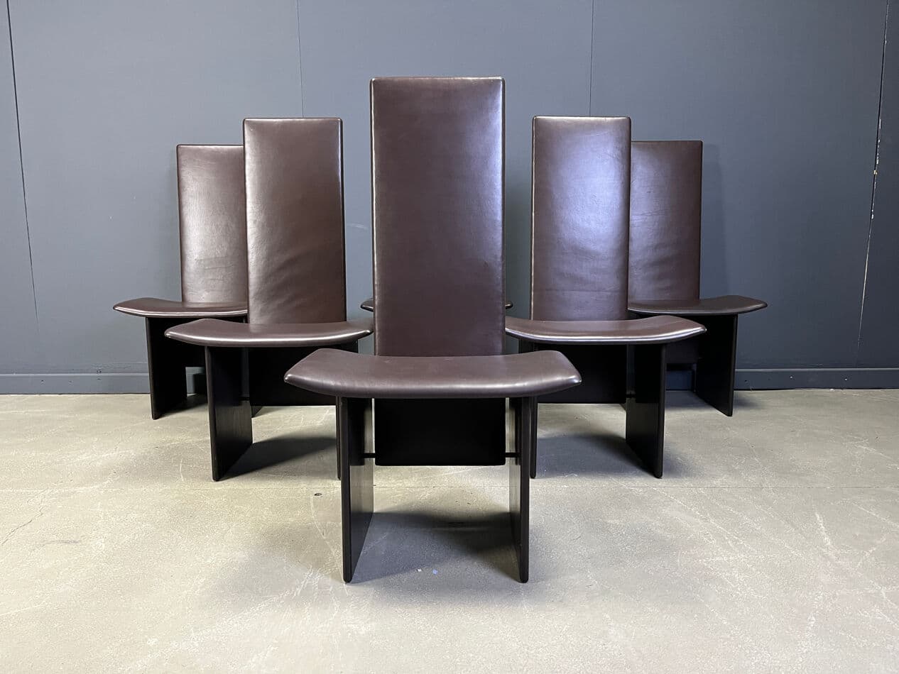 zestaw sześciu krzeseł jadalnianych Rennie, skóra brązowa, drewno brązowe, proj. K. Takahama, Włochy, lata 70. - 274086