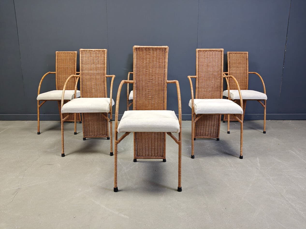 set of six dining chairs, brown rattan and wicker, 1980s - 273572