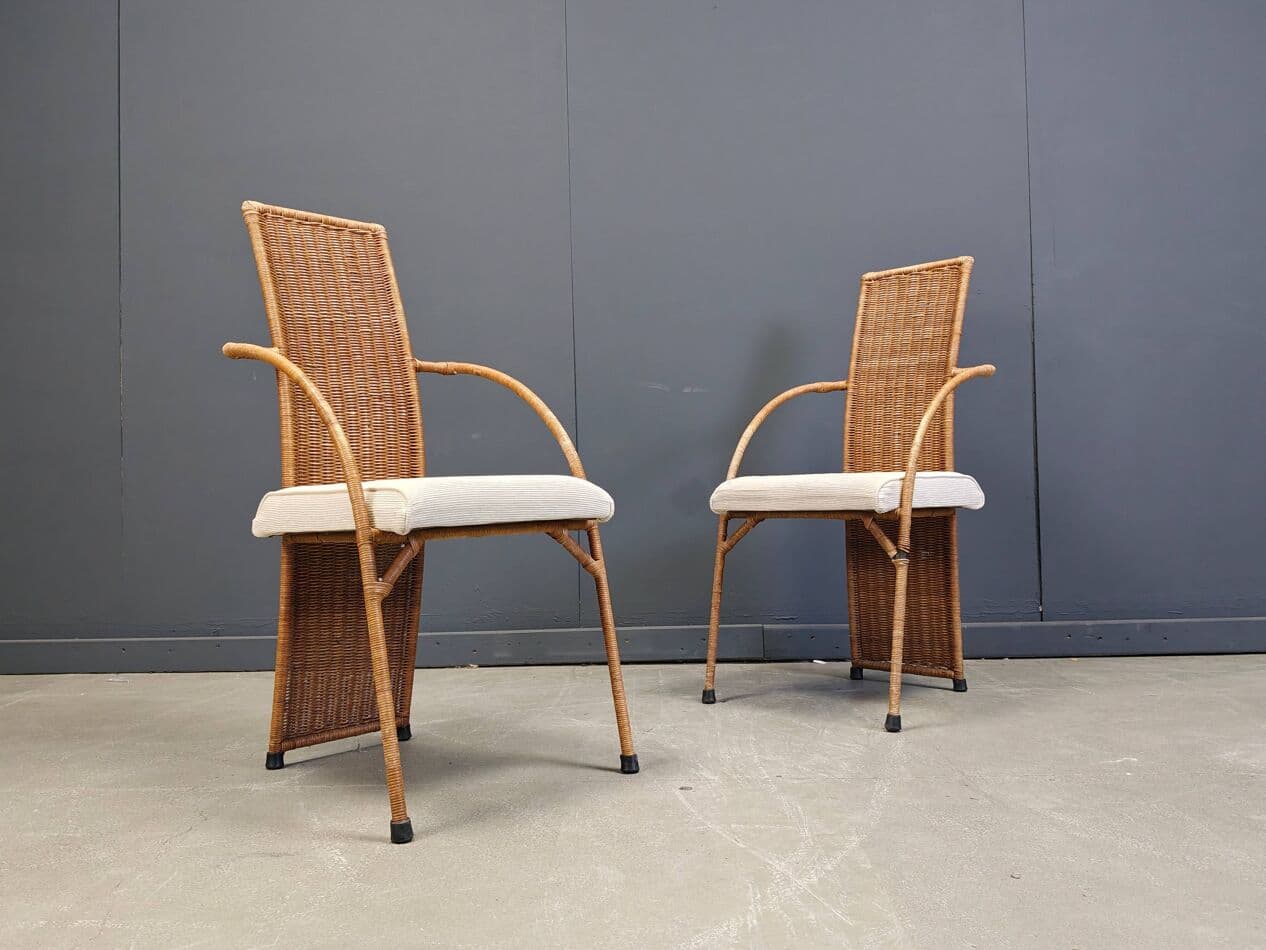 set of six dining chairs, brown rattan and wicker, 1980s - 273577