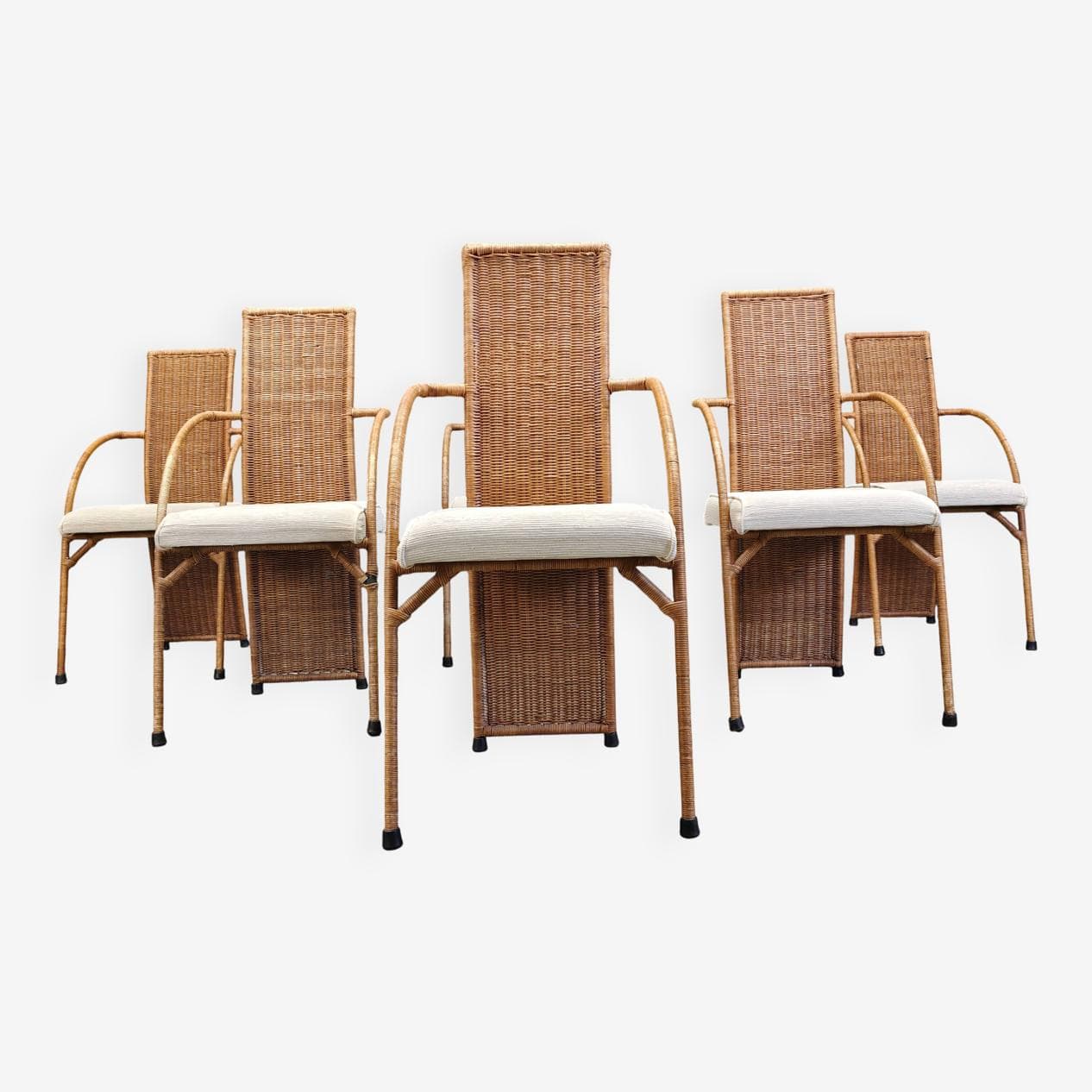 set of six dining chairs, brown rattan and wicker, 1980s - 273571