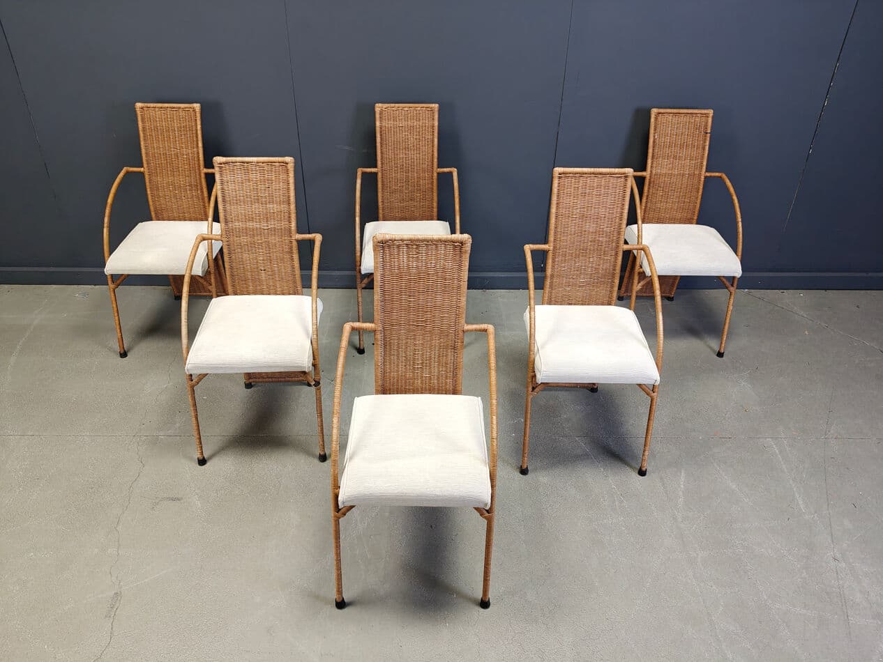 set of six dining chairs, brown rattan and wicker, 1980s - 273578
