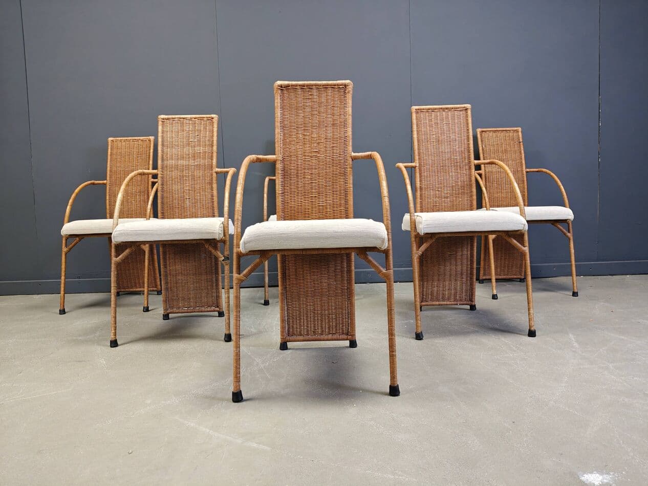 set of six dining chairs, brown rattan and wicker, 1980s - 273569
