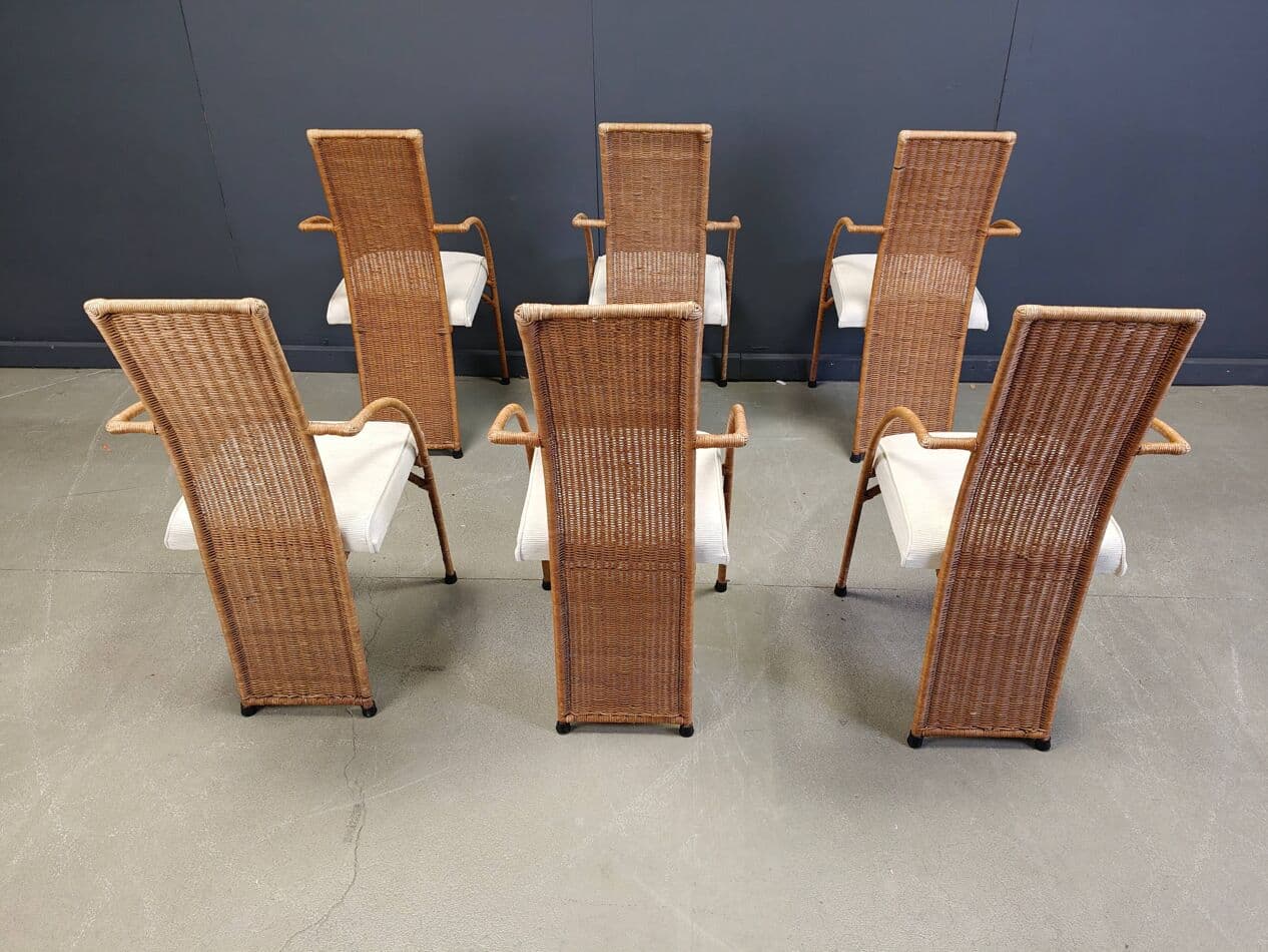 set of six dining chairs, brown rattan and wicker, 1980s - 273575