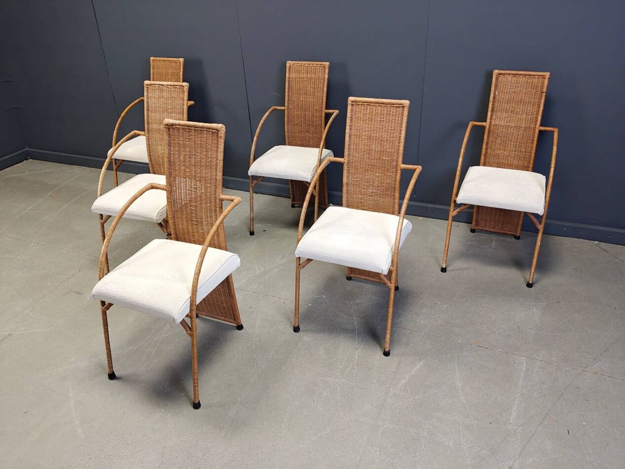 set of six dining chairs, brown rattan and wicker, 1980s - 273573