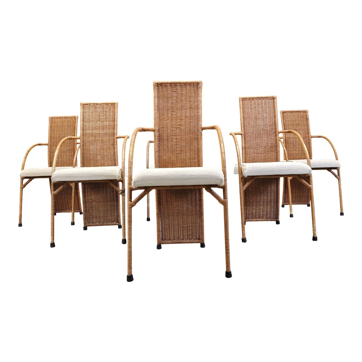 set of six dining chairs, brown rattan and wicker, 1980s