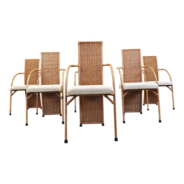 set of six dining chairs, brown rattan and wicker, 1980s - DIMENSION