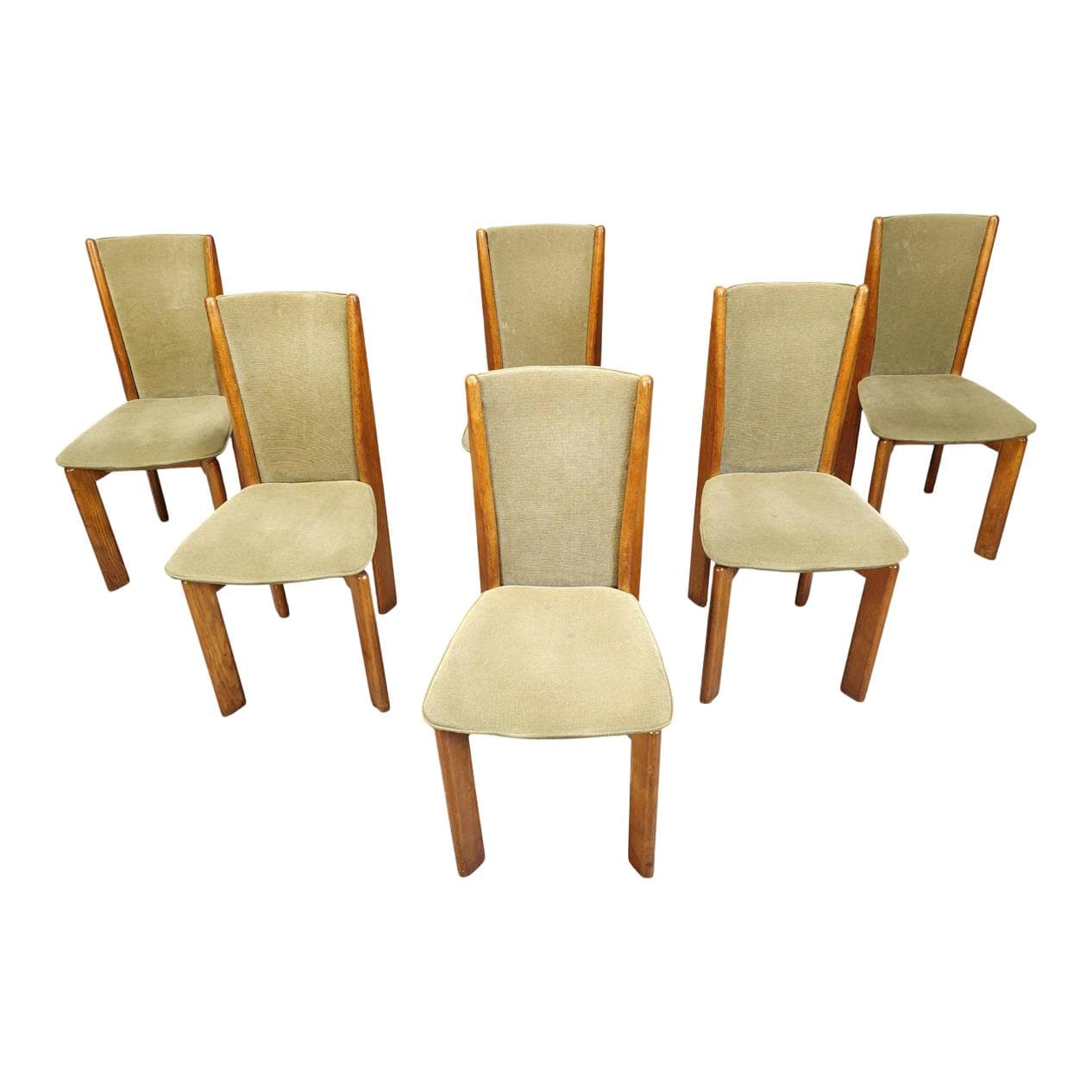 set of six dining chairs, brown wood, Denmark, 1970s