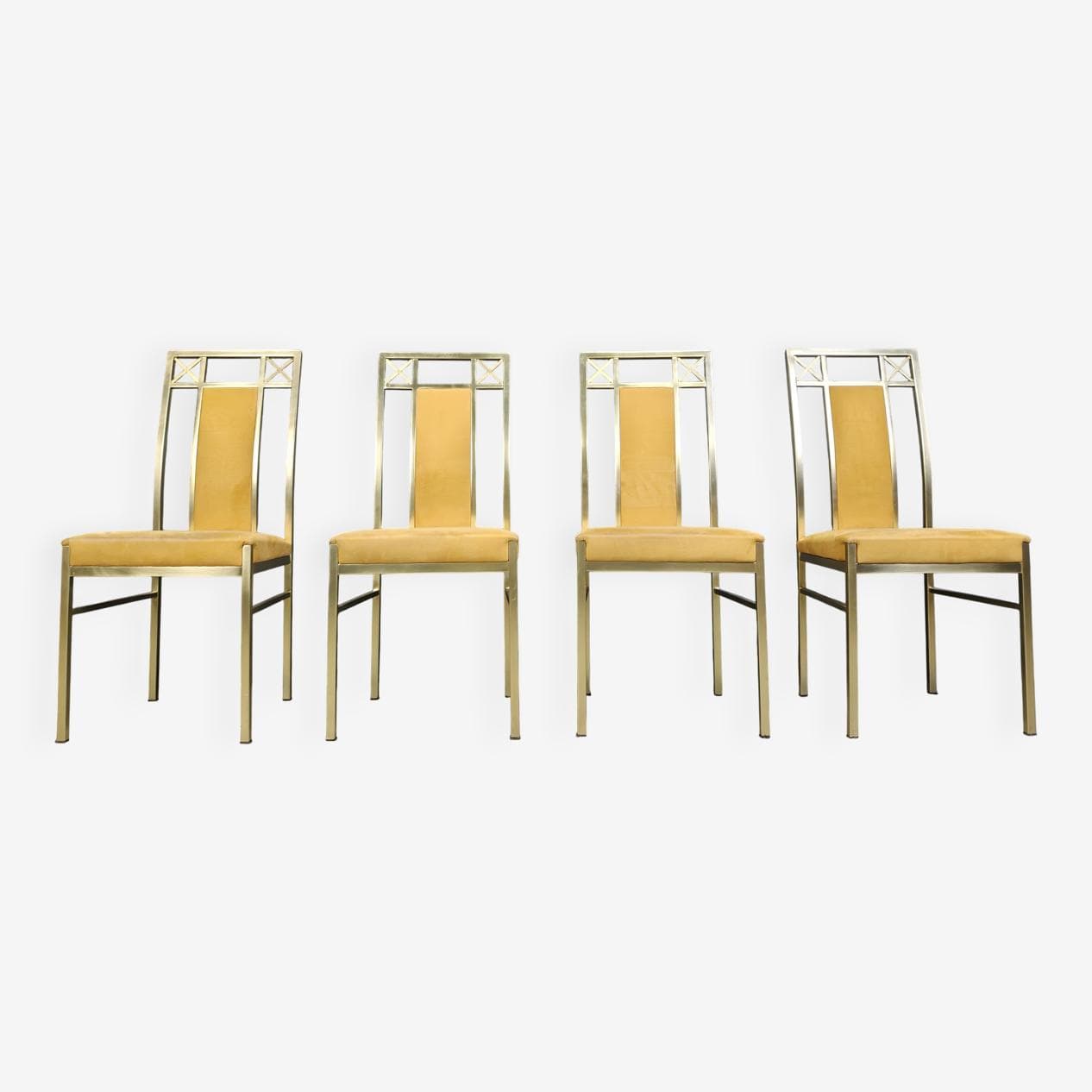 zestaw czterech krzeseł jadalnianych, mosiądz złoty, zamsz musztardowy, Belgia, lata 70. - 273356