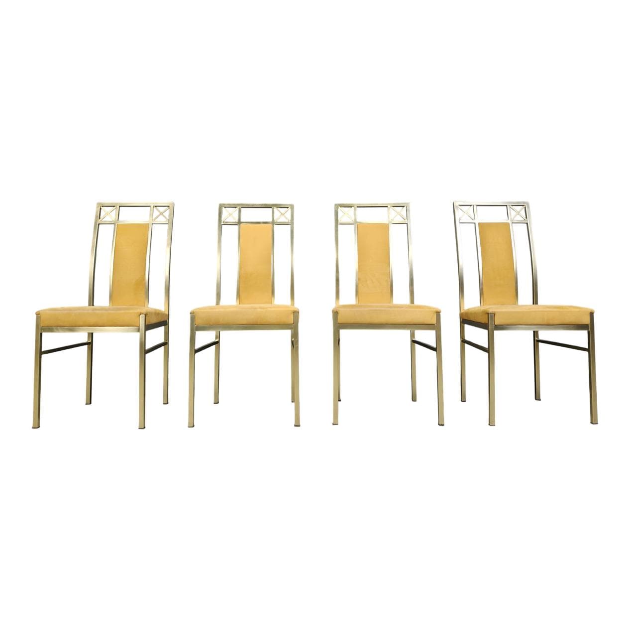 zestaw czterech krzeseł jadalnianych, mosiądz złoty, zamsz musztardowy, Belgia, lata 70.