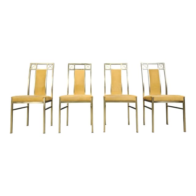 zestaw czterech krzeseł jadalnianych, mosiądz złoty, zamsz musztardowy, Belgia, lata 70. - WYMIARY