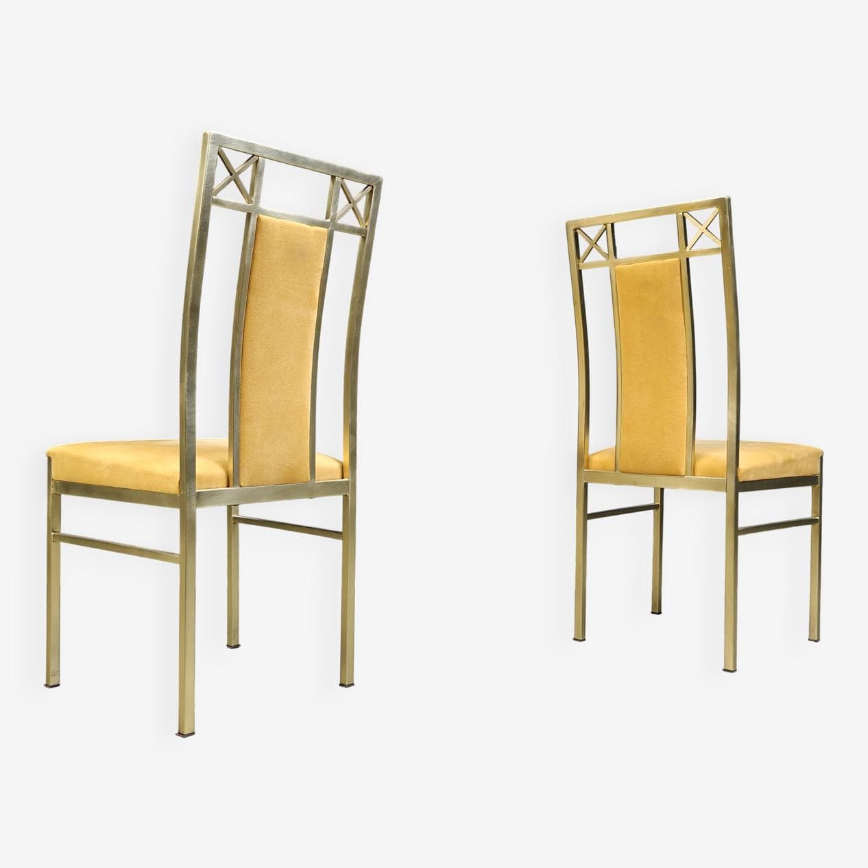 zestaw czterech krzeseł jadalnianych, mosiądz złoty, zamsz musztardowy, Belgia, lata 70. - 273351