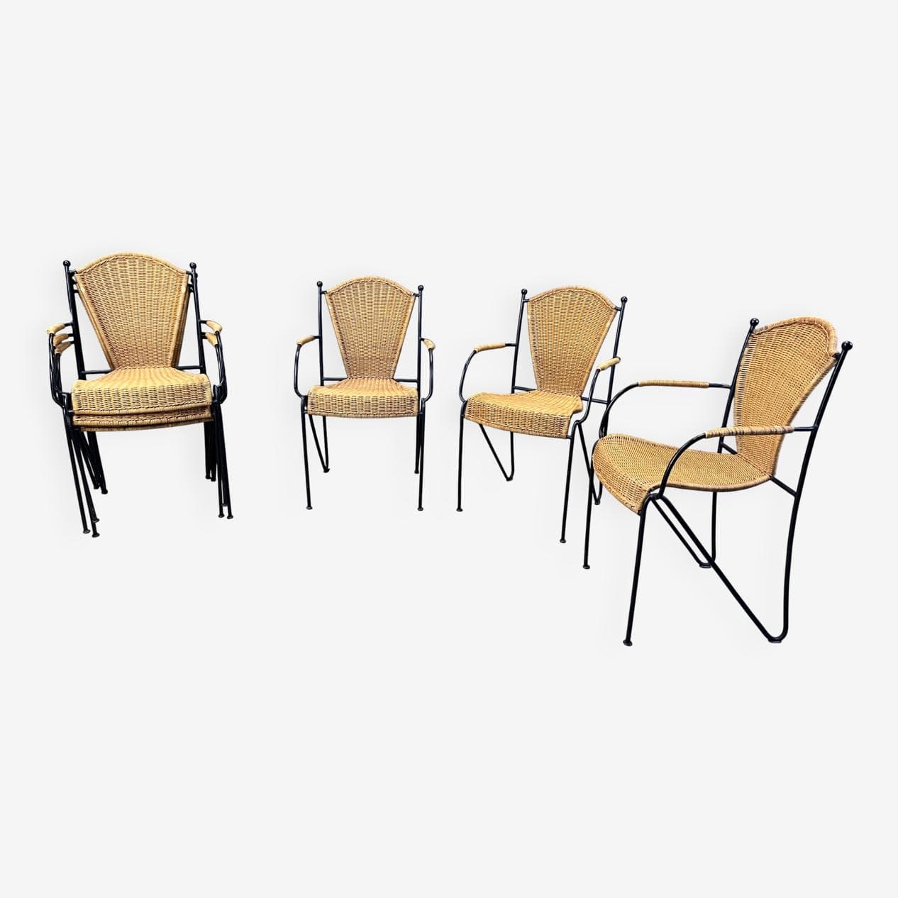 set of six chairs, beige rattan, black iron, France, 1960s - 273246