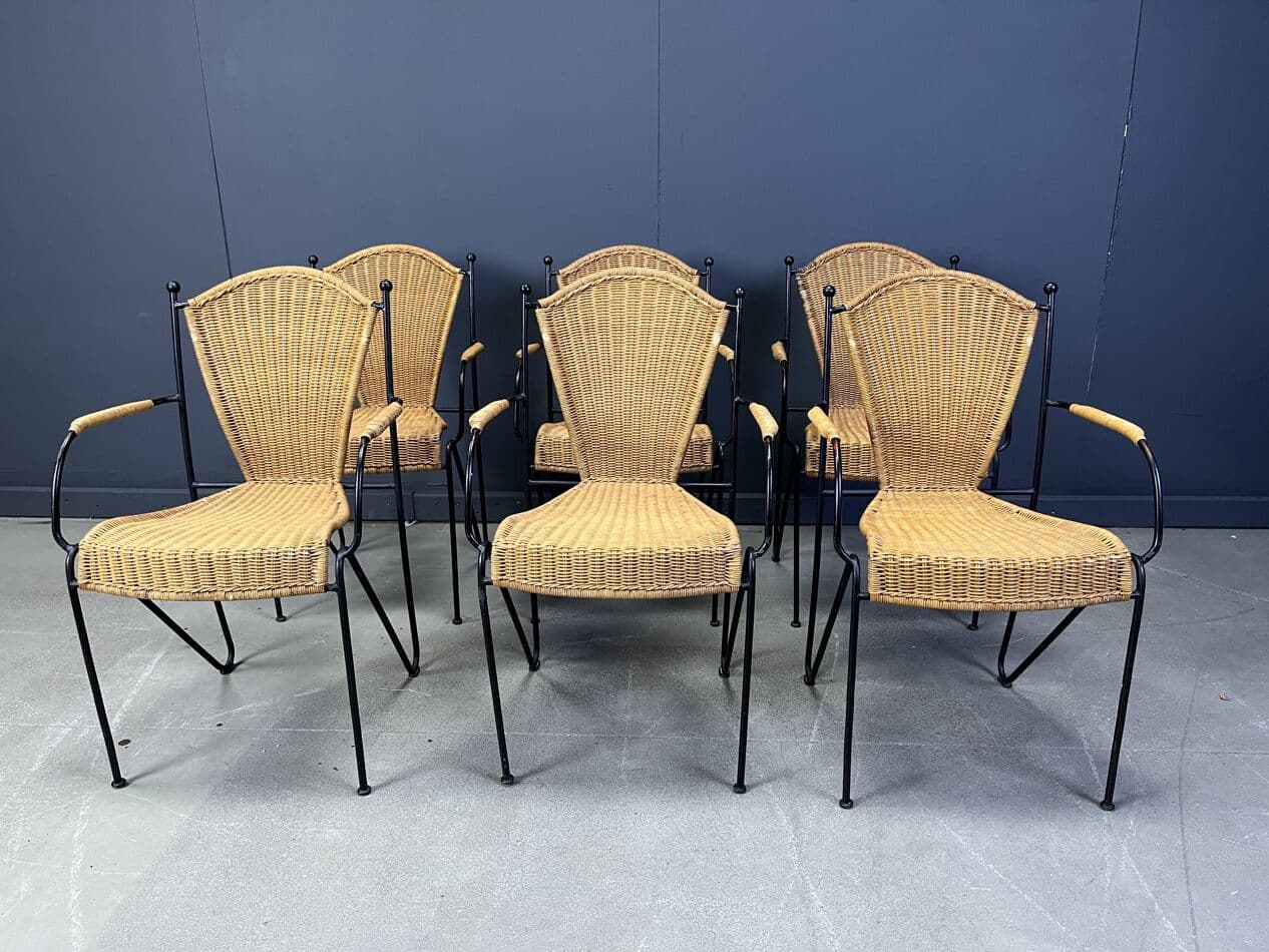 set of six chairs, beige rattan, black iron, France, 1960s - 273253