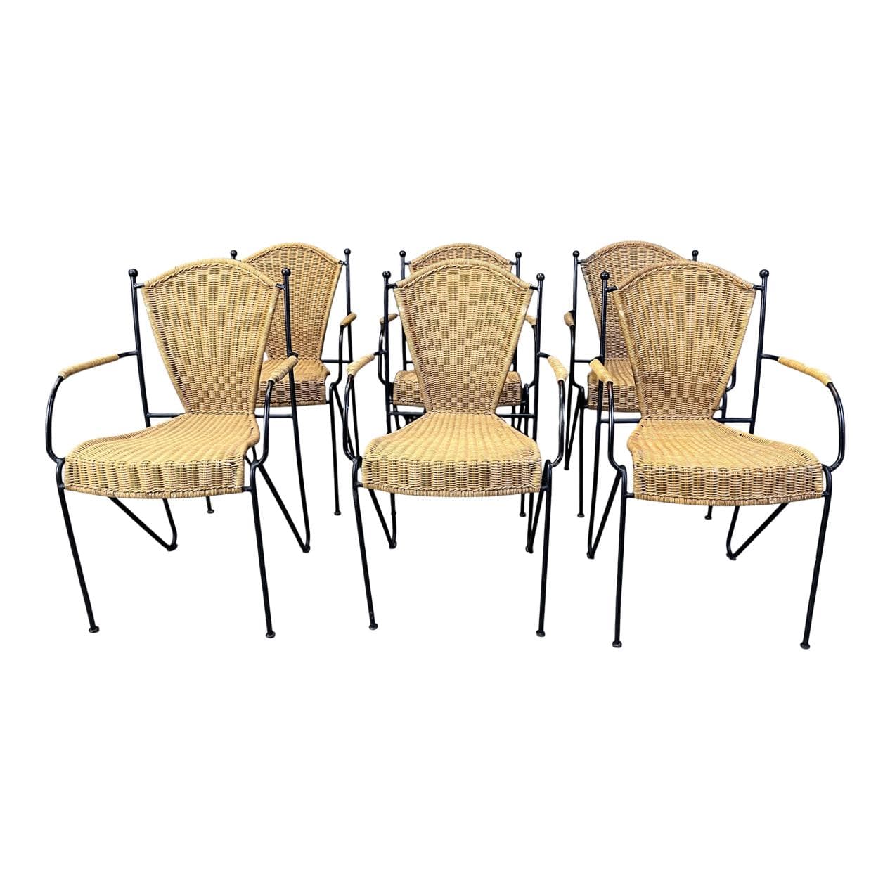 set of six chairs, beige rattan, black iron, France, 1960s