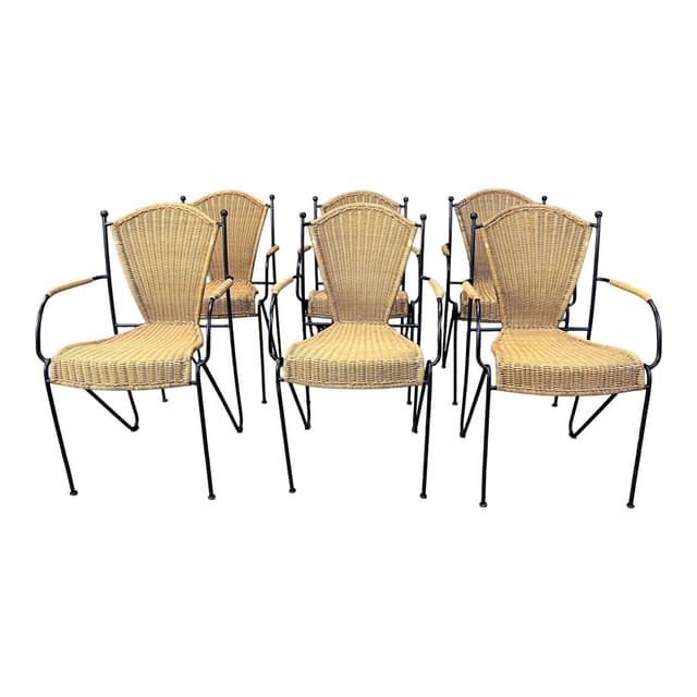 set of six chairs, beige rattan, black iron, France, 1960s - DIMENSION